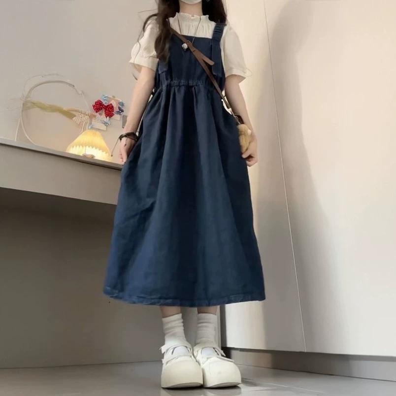 女童连衣裙牛仔背带裙短袖衬衫套装两件套春夏装学院风中长款裙子