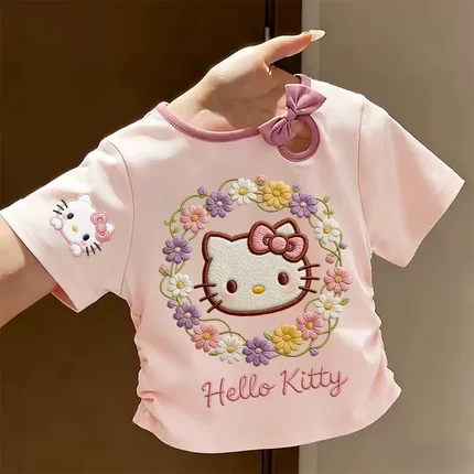 可爱印花凯蒂猫卡通中小童T恤夏季洋气款韩版女童蝴蝶结短袖上衣