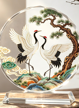 松鹤延年水晶摆件客厅玄关电视柜酒柜装饰长辈寿辰祝寿礼物摆台
