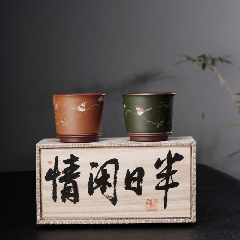 三两杯 宜兴紫砂主人杯 手工泥绘茶杯山鹪莺 礼盒套装茶具送礼