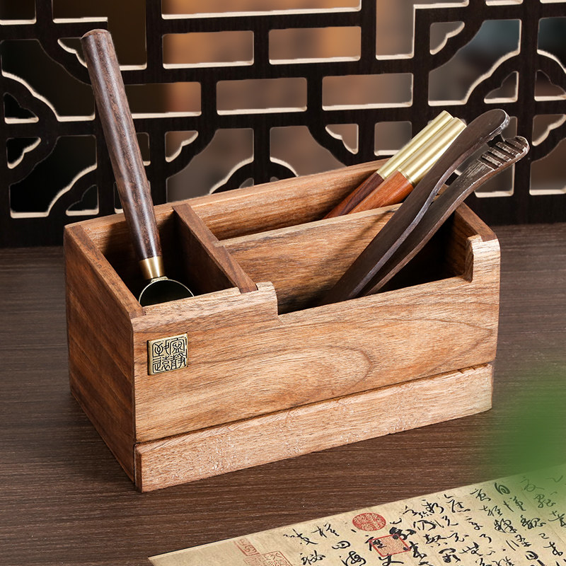 胡桃木笔筒创意多功能实木名片收纳盒带抽屉办公室会议桌面摆件高档笔桶复古中国风送老师文创礼品定制logo
