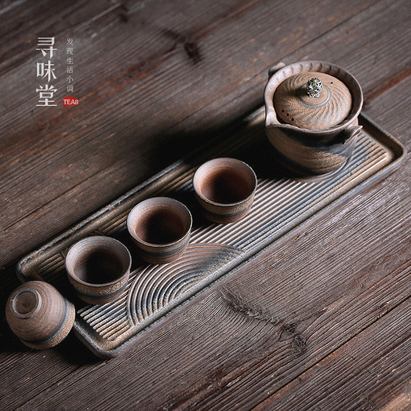 鎏金粗陶茶具套组复古手工干泡盘一壶四杯古早烧铁釉陶瓷托盘