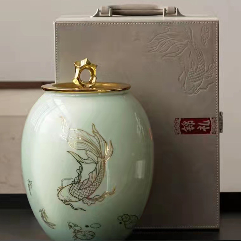 影青 锦鲤青瓷 茶叶罐特大号储茶罐陶瓷防潮密封罐茶仓单罐礼盒装