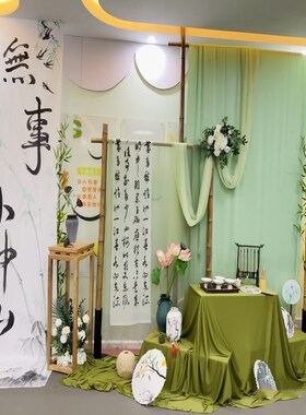 国潮古风纸灯笼道具幼儿园环创书法纱幔教室布置绿色布幔背景装饰