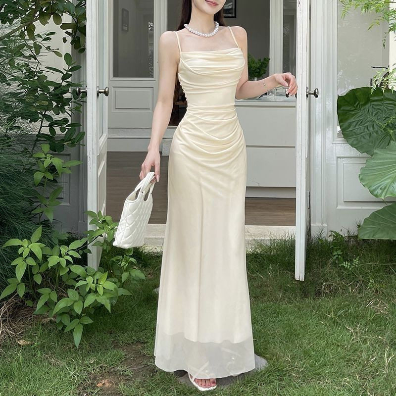 夏季性感荡领吊带网纱修身连衣裙
