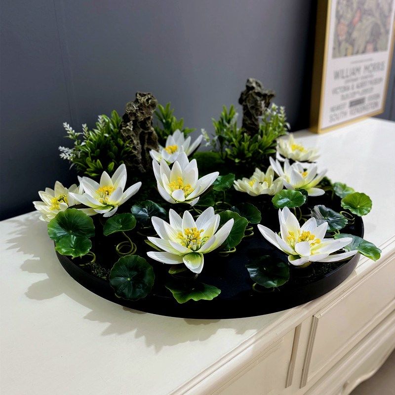 酒店大圆桌中间转盘摆花餐桌摆件中式桌花睡莲荷塘月色微景观桌景