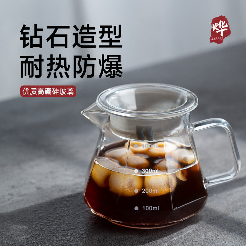 手冲咖啡壶透明钻石咖啡分享壶品鉴杯耐热高硼硅玻璃鹰嘴壶口