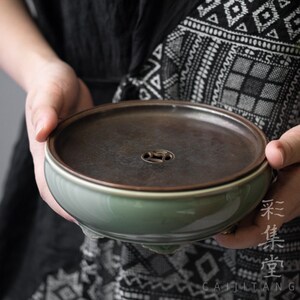 彩集堂 越窑壶承青瓷大号复古分体式蓄水茶台圆形铜制干泡小茶盘