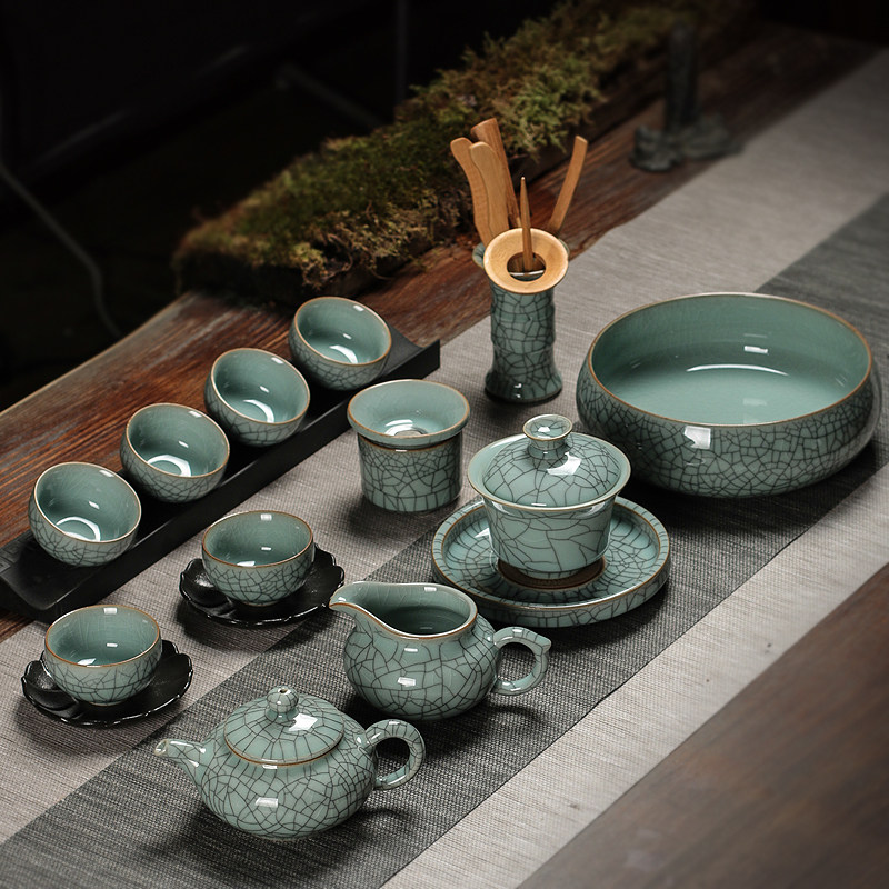 龙泉青瓷盖碗茶杯泡茶壶套装家用陶瓷功夫茶具壶承公道杯大号整套
