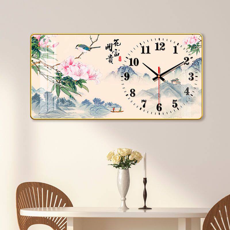 客厅挂钟挂墙装饰画家用饭厅挂画钟表晶瓷旺宅免打孔表钟静音走时