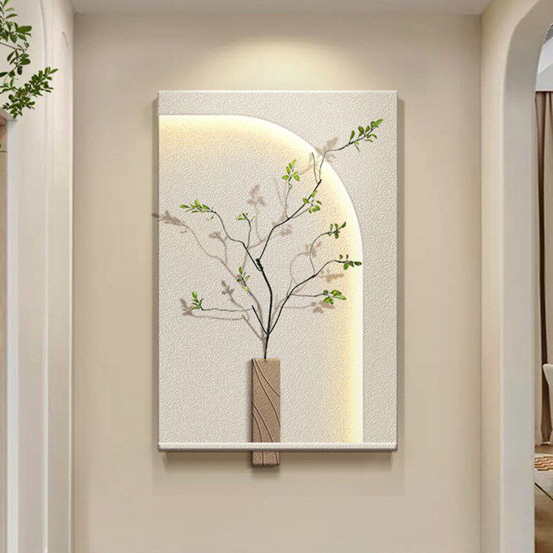 侘寂风客厅装饰画高档绿植砂岩led灯画沙发背景墙画玄关立体挂画