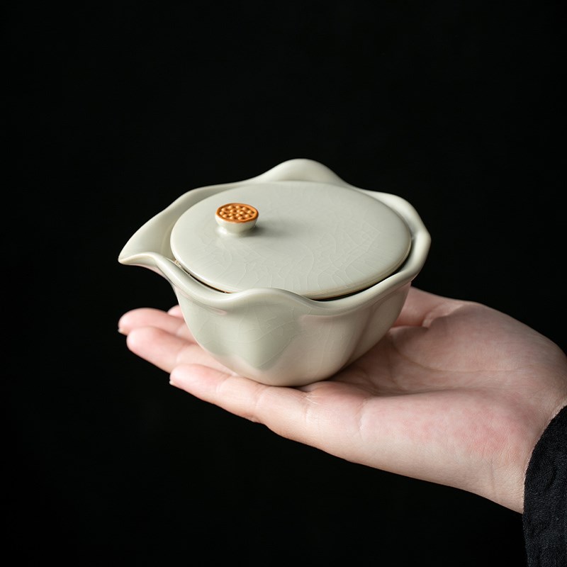 米黄汝窑茶壶陶瓷手抓壶盖碗单个家用小号带盖泡茶器高档功夫茶具