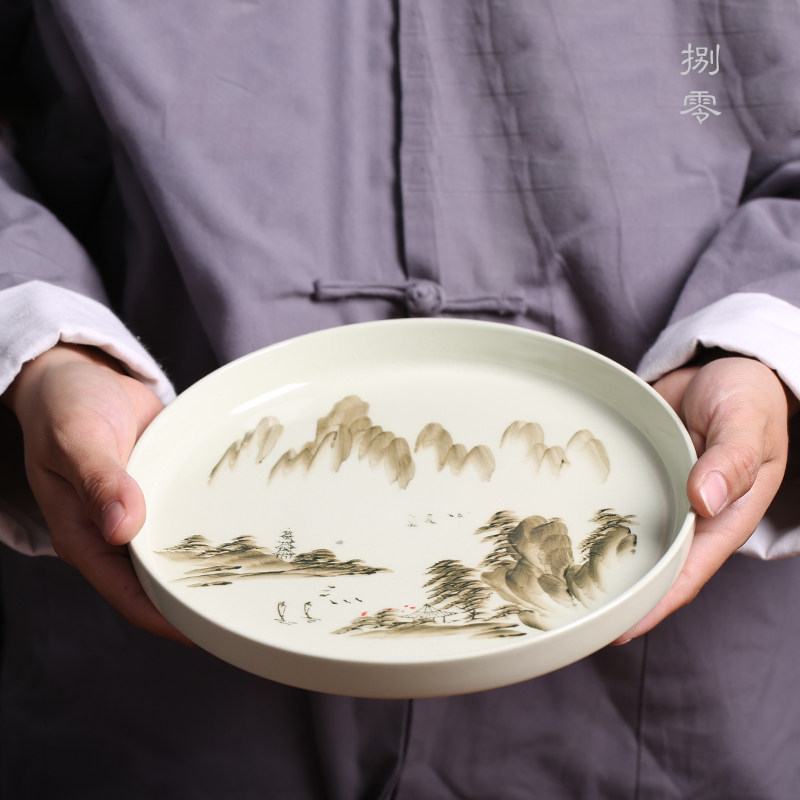 老枫溪库存果绿手彩山水圆形茶盘茶承储水式托盘釉下彩陶瓷干泡盘