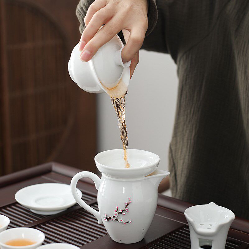 功夫茶具配件甜白瓷茶漏茶叶过滤器陶瓷茶器茶隔茶水分离滤网套组