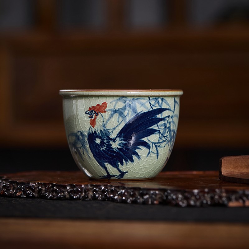老陶泥柴窑茶杯手绘青花复古主人杯开片可养大号陶瓷鸡缸杯釉下彩