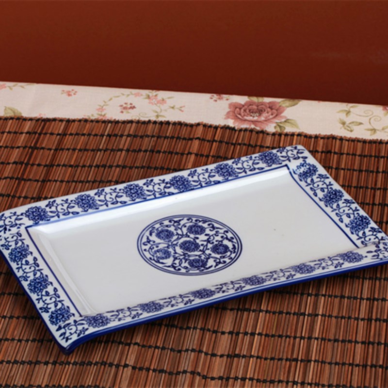 青花瓷陶瓷炒菜盘鱼盘长方盘异形西餐盘寿司盘子水果盘点心拼盘