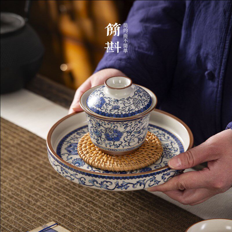 马蹄盖碗茶杯青花泡茶陶瓷壶承功夫茶具汝瓷悬停汝窑三才单个茶盏