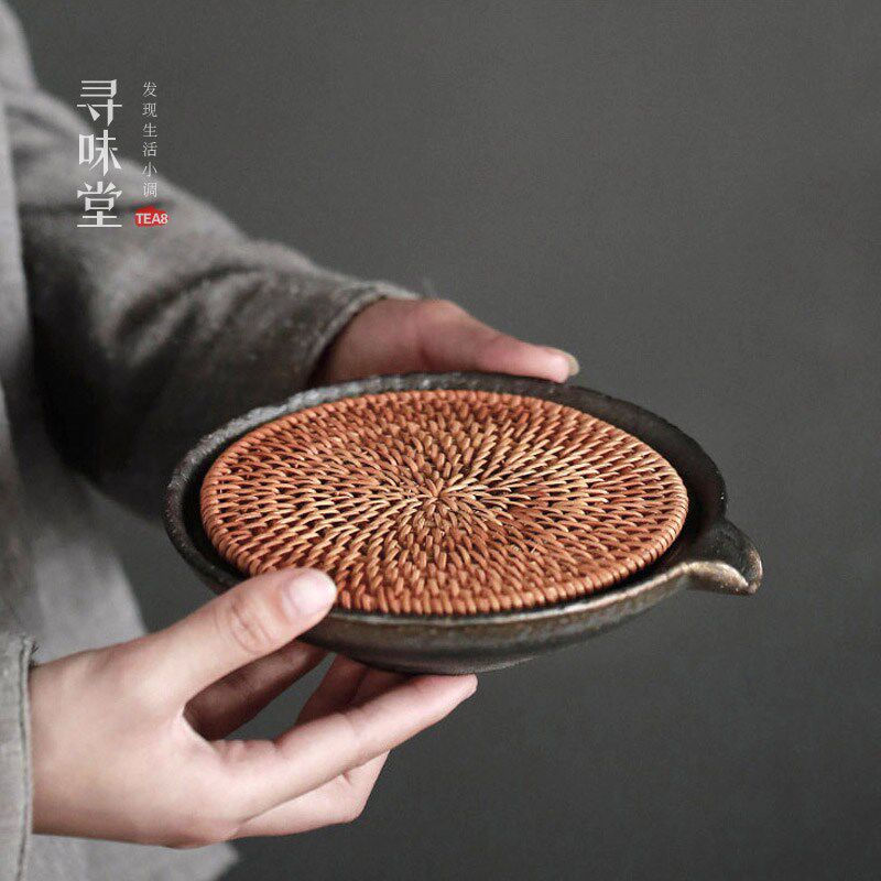 鎏金粗陶藤垫壶承复古蓄水养壶垫手工古早烧铁釉陶瓷茶具壶托