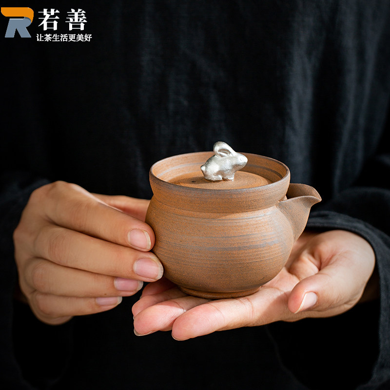 老岩泥茶壶泡茶家用粗陶泡茶壶单壶有钱兔描银手抓壶大容量手把壶