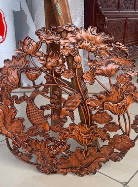 东阳木雕香樟木挂件圆中式客厅装饰画背景墙连年有余实木镂空壁挂