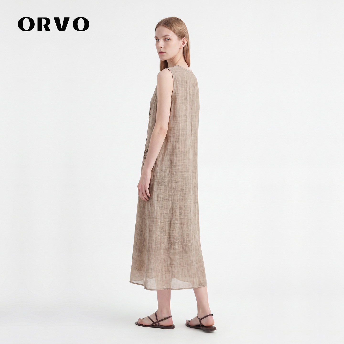 ORVO刺绣印花文艺中长款女连衣裙