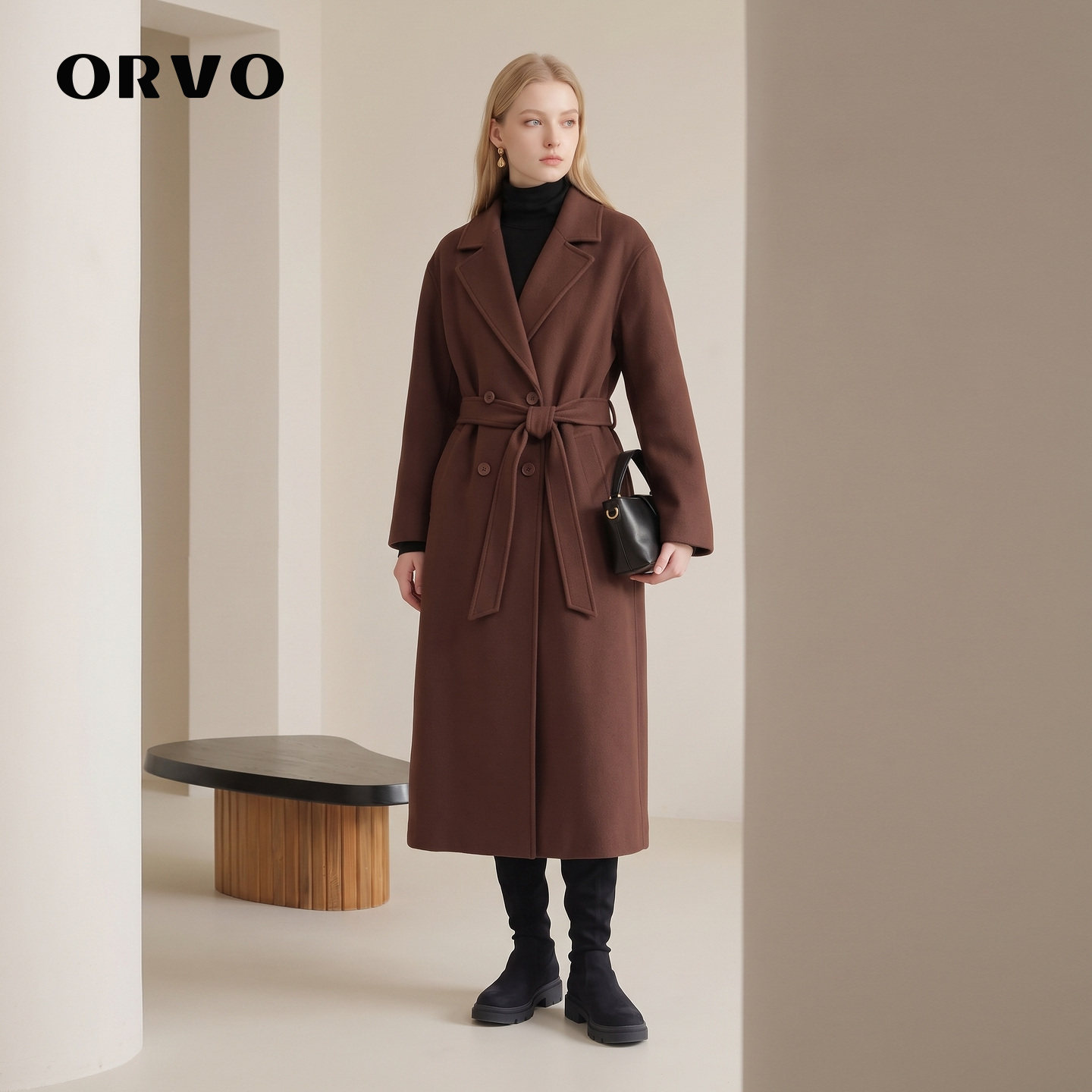 ORVO秋季西装领双排扣收腰大衣