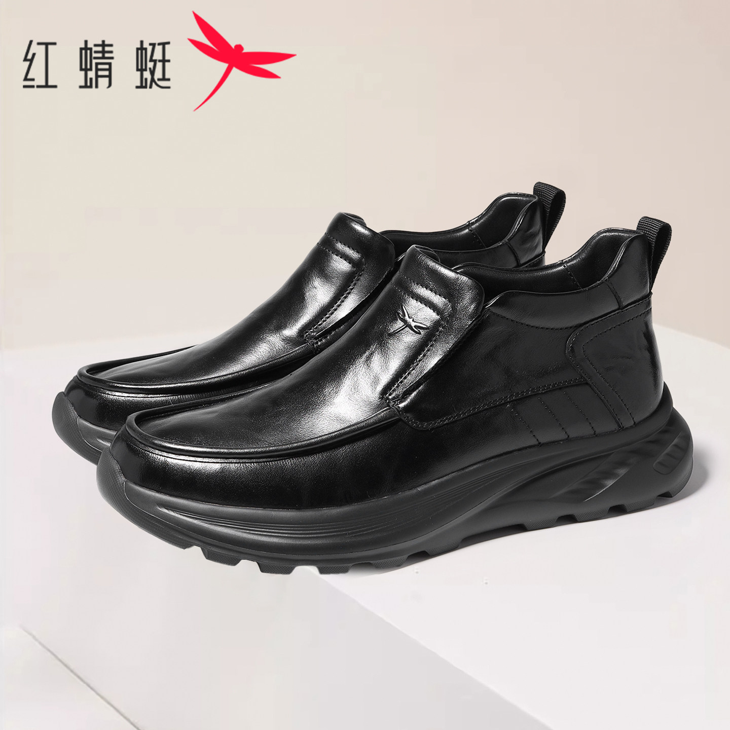 红蜻蜓男鞋冬季高帮真皮厚底短靴图片