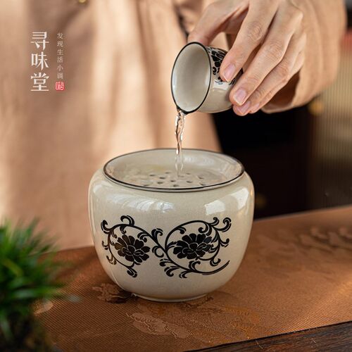 民窑雕花建水复古风茶渣桶磁州窑茶水盂青灰釉陶瓷干泡功夫茶具