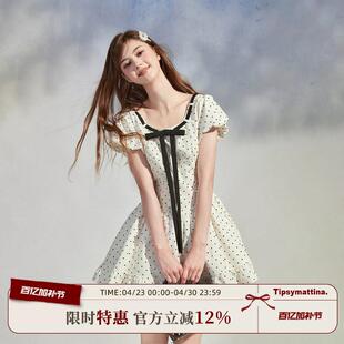 Tipsymattina微醺清晨26夏甜美风小个子时尚中长版方领波点洋装