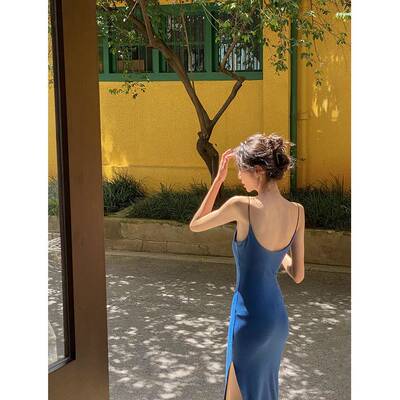 海岛商店辣妹纯欲风细肩带吊带长版洋装低胸露背开叉性感长裙