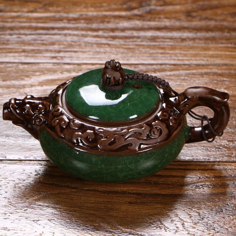 陶瓷茶壶冰裂浮雕龙纹茶具复古壶纯手工功夫过滤家用冲茶器单壶