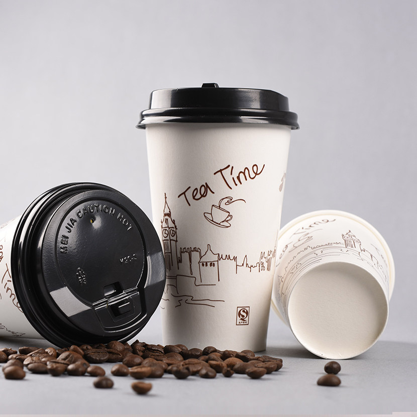 加厚一次性奶茶杯纸杯咖啡杯带盖商用打包热饮杯可封口定制500只