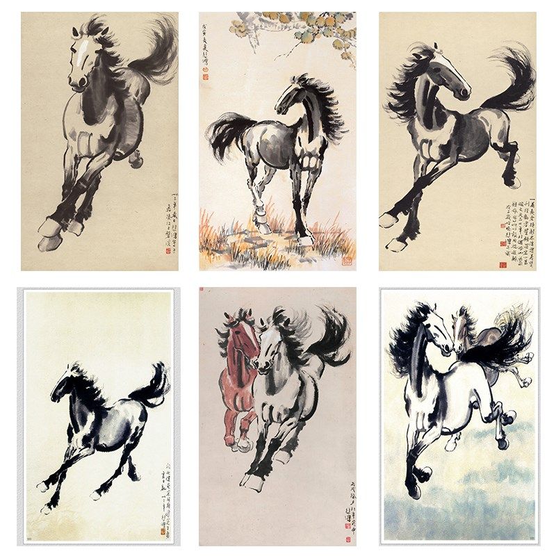徐悲鸿马到成功奔马挂画客厅玄关入户壁画书房办公室打印自粘布画