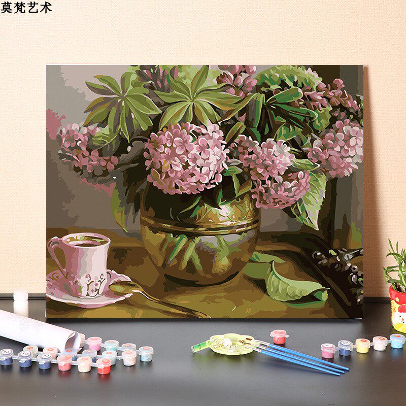 数字油画diy手绘填充欧式粉色绣球花卉解闷手工填色油彩丙烯画画