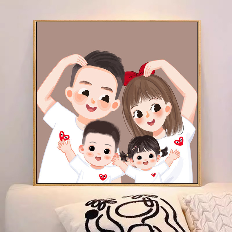 卡通全家福diy数字油画一家三口填充手绘手工填色涂色定制油彩画