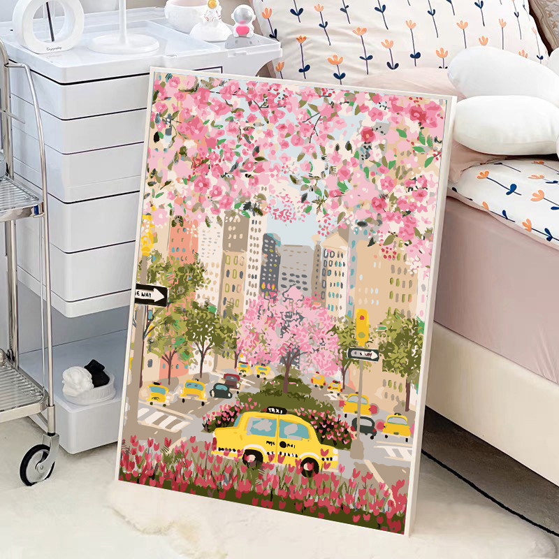 数字油画diy填色画风景客厅手绘手工diy油彩画减压治愈粉色装饰画