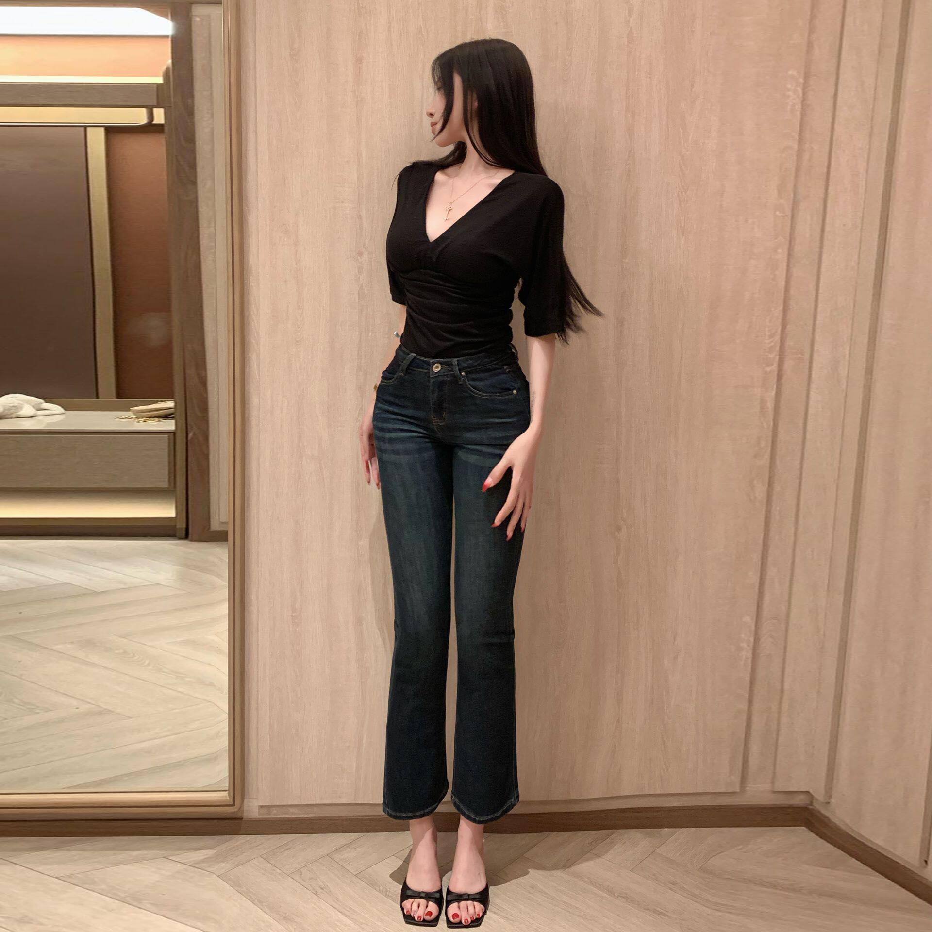 港式复古修腰修身微喇牛仔裤女夏牛仔裤