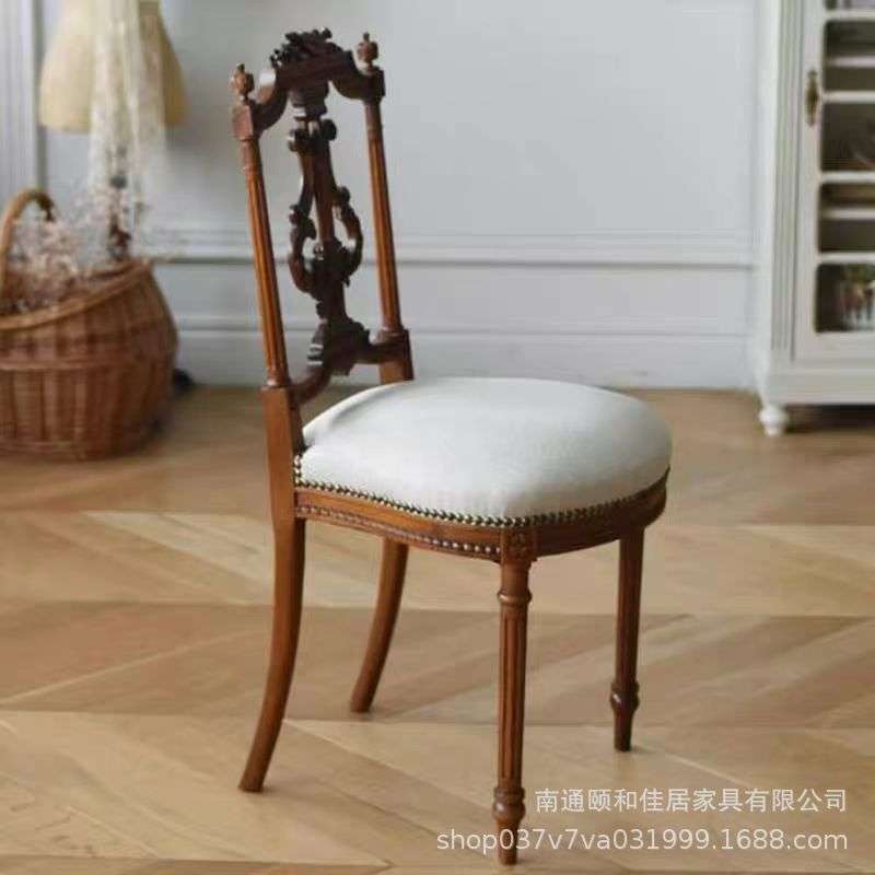 法式实木雕花餐厅餐椅中古风设计师复古化妆凳简约书房休闲椅