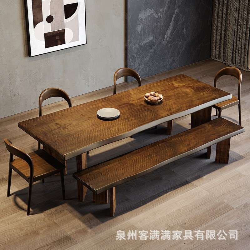原木长方形实木餐桌餐椅组合北欧简约餐厅饭桌咖啡厅美式复古桌子