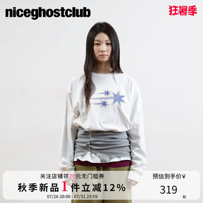 NICEGHOSTCLUB手绘风三星印花长袖T恤女宽松做旧休闲男女同款上衣