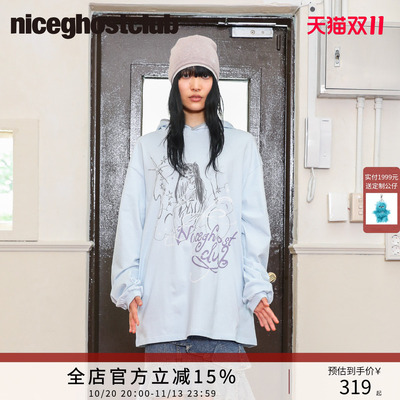 NICEGHOSTCLUB手绘少女印花连帽长袖T恤落肩宽松慵懒风休闲上衣