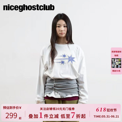 NICEGHOSTCLUB手绘风三星印花长袖T恤女宽松做旧休闲男女同款上衣