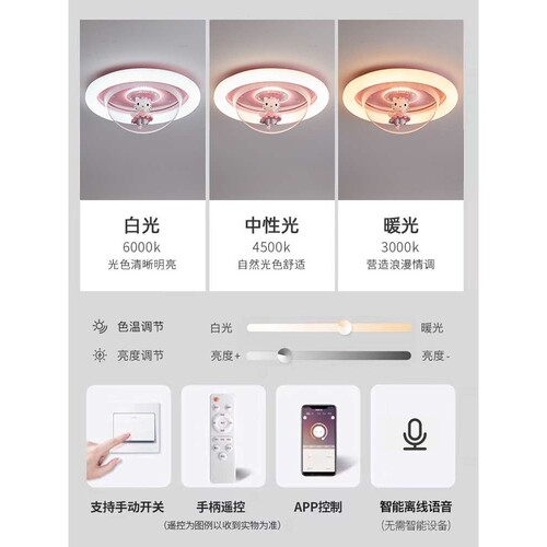 儿童房吸顶灯女孩护眼全光谱智能语音kt猫可旋转公主房灯卧室灯具