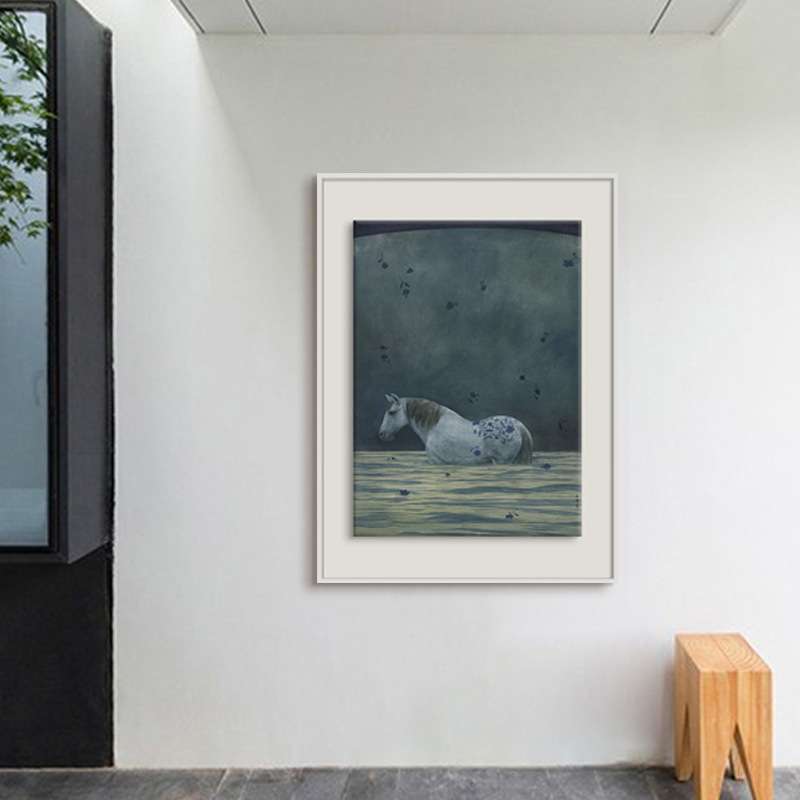海上青花小众艺术壁画瑞鹤图白马意境墙画当代潮流新中式玄关挂画