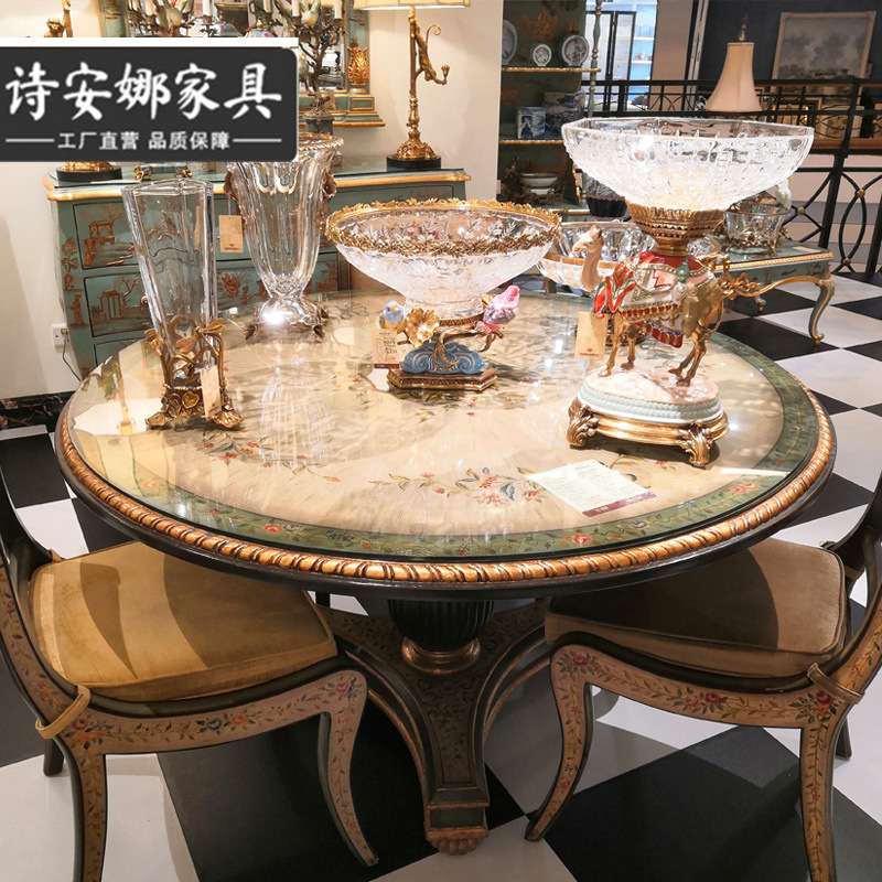 法式实木客厅家具欧式复古做旧手工彩绘圆形餐桌椅组合