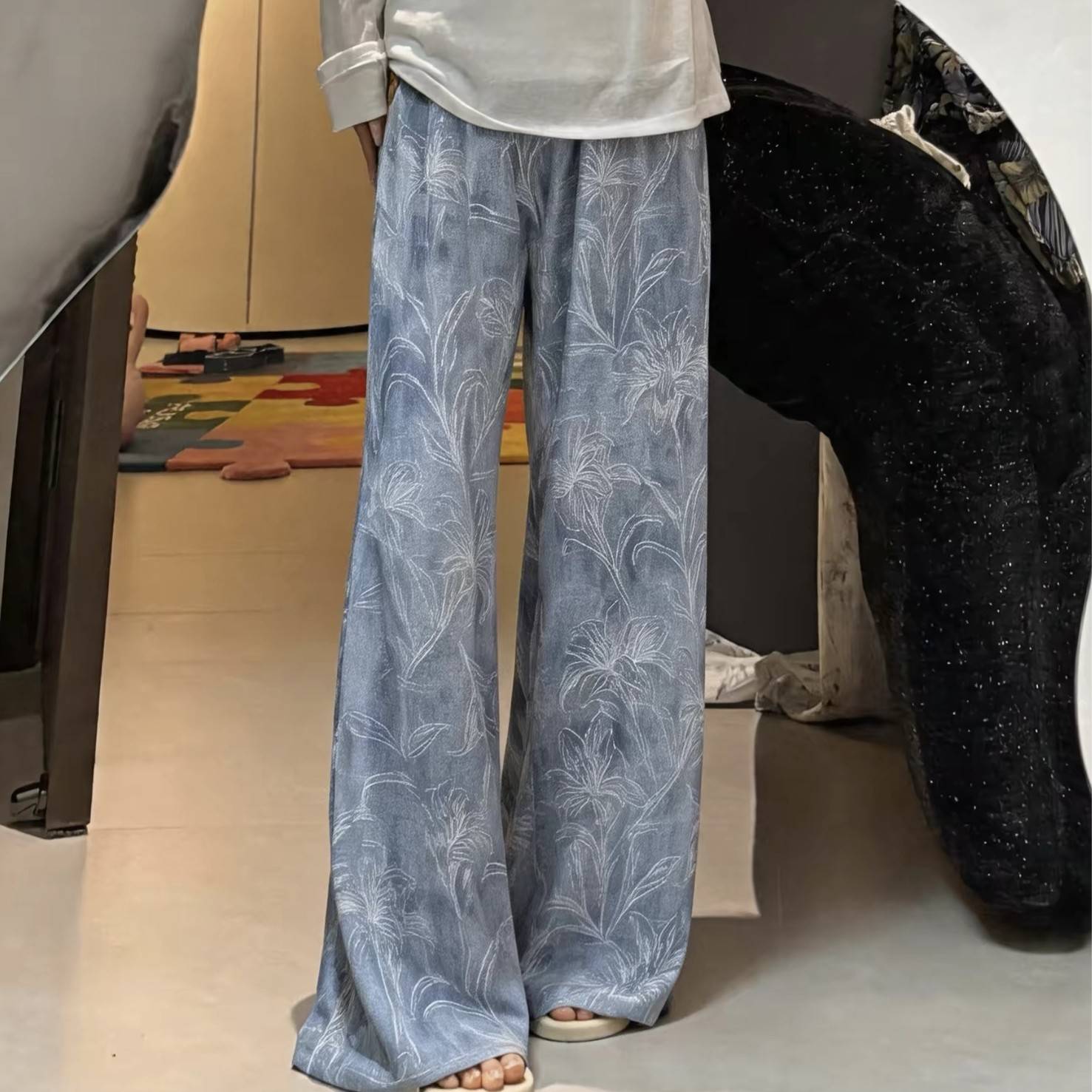 来趣鳳超长阔腿裤女夏季棉绸长裤薄款垂感显瘦拖地休闲裤度假风长