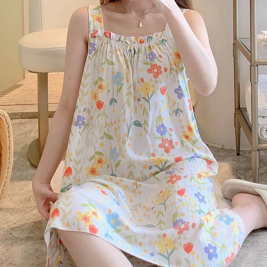 来趣鳳来趣鳳小碎花方领背心裙棉绸睡裙夏季凉爽清新时尚百搭睡衣 凉清实拍商品图