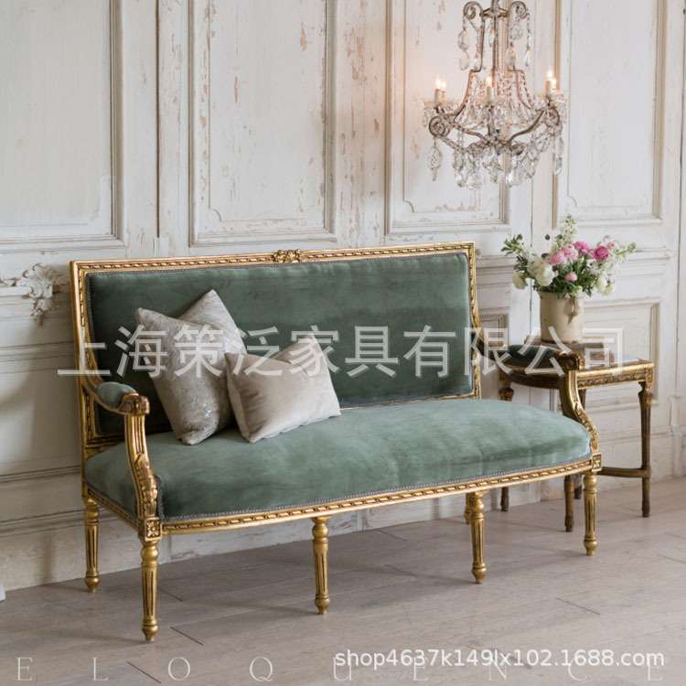 美式法式乡村实木雕花布艺单人双人三人位沙发椅金色做旧摄影家具
