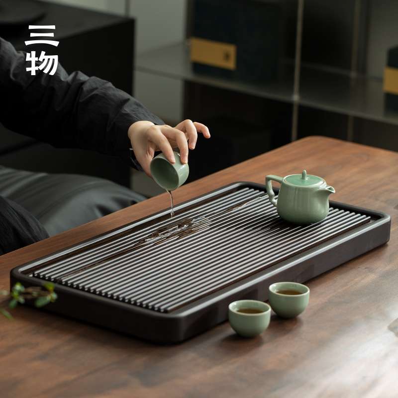 三物意竹茶盘嵌入式带排水管长方形托盘家用办公室竹制茶具高档