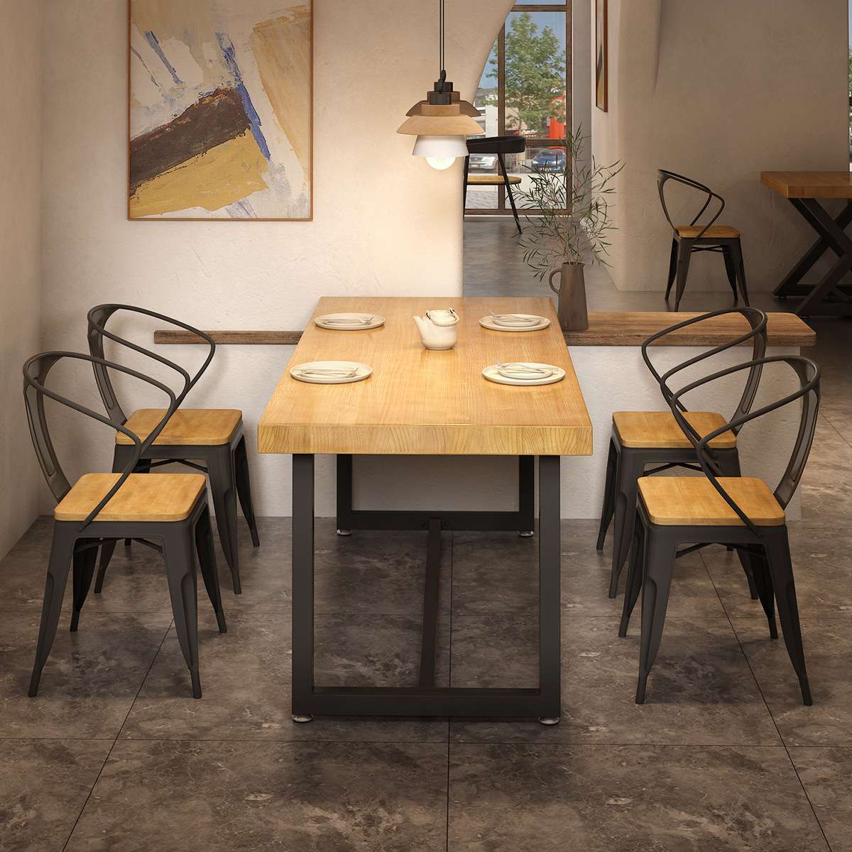 实木铁艺员工餐厅长方形快餐店餐桌椅组合烧烤奶茶店桌子商用1035